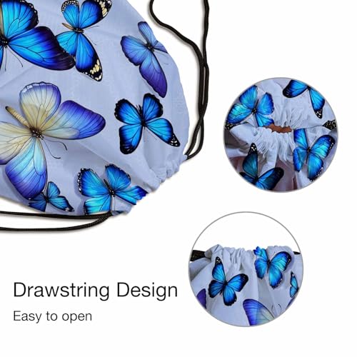 Drawstring Backpack Beautiful Blue Butterflies Lightweight Gym Backpack Various Flying Positions Simple Design for Women Men 14x16.9 Inch - color: Butterflies