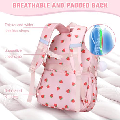 Bevalsa Backpack for Girls 3PCS Teen Girls Pink Backpack for School with Lunch Bag Pencil Case Cute Kids Laptop Backpacks Bookbag for Elementary Middle High School College Student (Strawberry) - color: Pink Strawberry