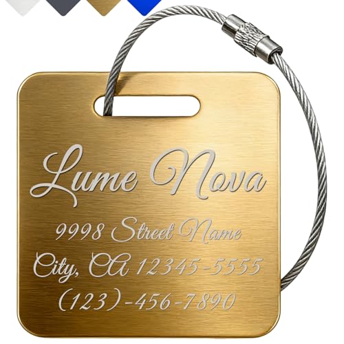 Personalized Engraved Aluminum Luggage Tags 2x2 Inch, Gold Custom Metal Travel ID Tags for Suitcase Backpack Bag Luggage Identifiers - color: Gold