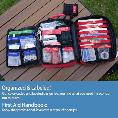 Professional Trauma First Aid Kit - Military-Grade Labelled Compartments & MOLLE System for Workplace, Outdoor, Car, Boat, Hurricane Emergencies 265 Piece Emergency Necessities Kits - size: Large