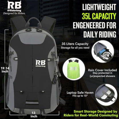 riderbag Reflective Motorcycle Backpack, Hi Viz Commuter Riding Bag | Designed by Riders for Everyday Rides with Laptop Compartment and Helmet Net. Built to Help You Be Seen. - color: Black