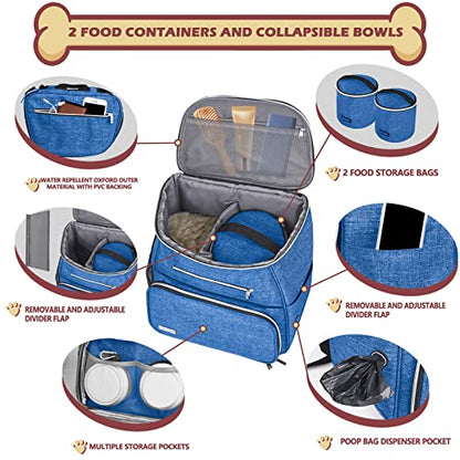 BAGLHER丨Dog Travel Bag Backpack, Airline Approved Pet Supplies Backpack, Dog Travel Bag with 2 Silicone Collapsible Bowls and 2 Food Baskets Blue - color: Blue