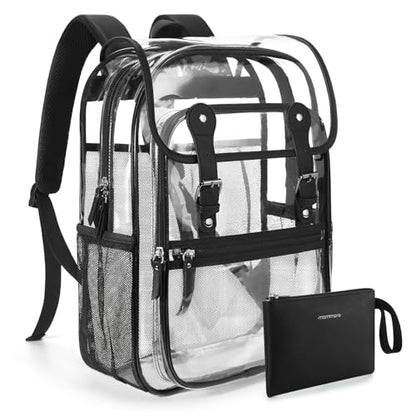 mommore Clear Backpack Heavy Duty Thick PVC Clear Bookbag for School with Pencil Bag Transparent Backpack See-Through Bag - color: Black, style: Clear Backpack Set