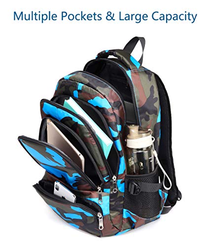 BLUEFAIRY Kids Backpacks for Boys Girls 17 Inch Elementary Primary Middle School Bookbags with Laptop Compartment Back to School Bags for Childs Age 6-8 Mochilas Escolares para Niños Niñas Camo Blue - color: Black/Blue