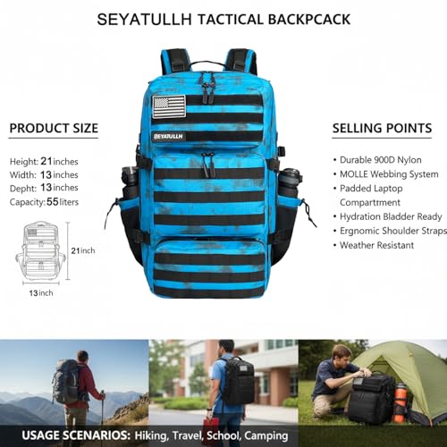 Military Tactical Backpack 55L for Men & Women Bug Out Bag Assault pack Molle Daypack Hiking Trekking Rucksack (Blue tie dye) - color: Blue Tie Dye