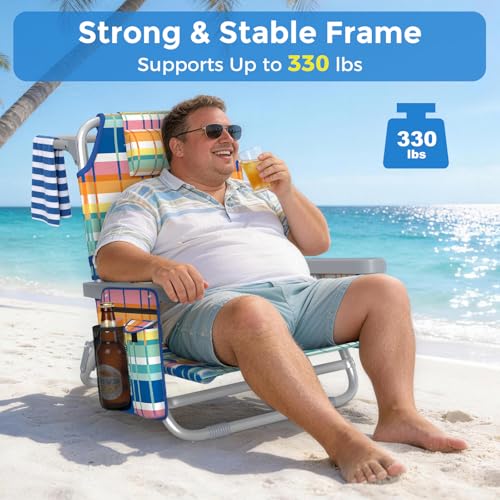 5-Position Backpack Beach Chairs for Adults, Foldable Heavy-Duty Beach Chair with Lumbar,Cooler Bag,Cup Holder,Towel Rack for Beach, Camping, Outdoor(2Pack)