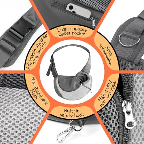 YUDODO Pet Sling Carrier for 5-9 lbs Small Dogs & Cats – Hands-Free Puppy Carrier with Safety Hook, Large Zipper Pocket, Soft Breathable Mesh, Adjustable Strap & Reflective Strip (Gray 1.0 M) - color: Gray 1.0 Basic (Zipper Pocket), size: Medium (4.5-9lbs