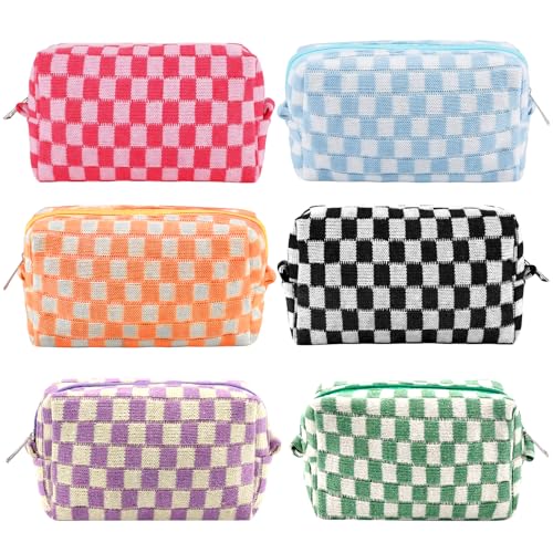 ZLFSRQ 6Pcs Checkered Pencil Case Cute Pencil Pouch for Teens Checkered Makeup Bag Colorful Medium Travel Cosmetic Bag Pink Makeup Pouch for Purse Aesthetic Trendy Zipper Toiletry Bags Organizer - color: Checkered 6Pcs M Mixed Colors