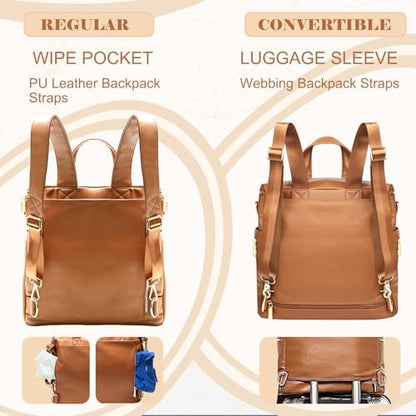 miss fong Diaper Bag Backpack Baby Diaper Bag, Large Leather Diaper Backpack with 16 Pockets Travel Diaper Bag with Diaper Changing Pad, Stroller Straps & 2 Insulated Pockets (Regular, Cognac) - color: Cognac
