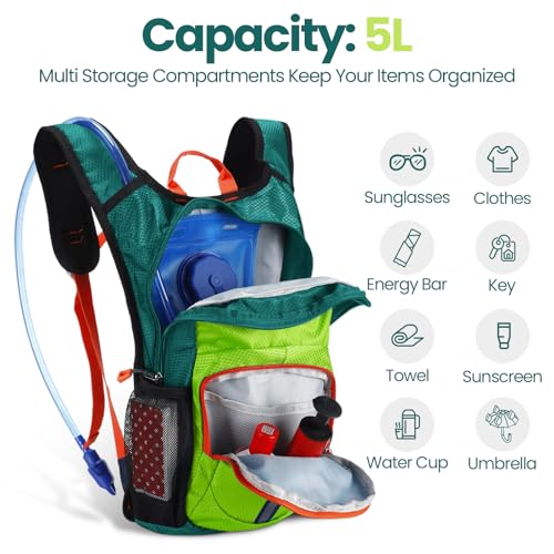 Shinylin 2 Pcs Kids Hydration Backpack with 1.5L Water Bladder Lightweight Kids Hiking Backpack Water Rucksack for Boys Girls Climbing Running - color: Green, Black, style: Classic