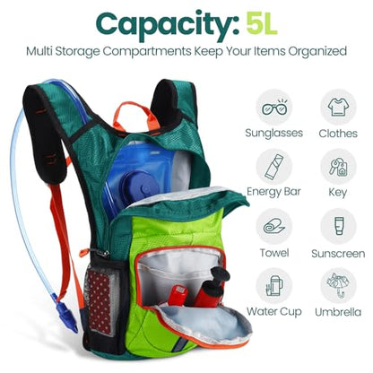 Shinylin 2 Pcs Kids Hydration Backpack with 1.5L Water Bladder Lightweight Kids Hiking Backpack Water Rucksack for Boys Girls Climbing Running - color: Green, Black, style: Classic
