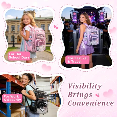 Clear Backpack for School Girls, Cute Heavy Duty PVC Transparent Bookbag, See-Through Bag for Stadium Event Pink - color: Pink