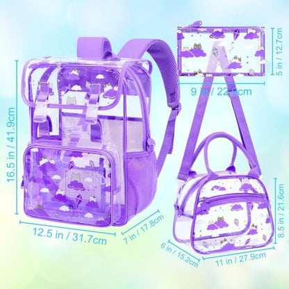 Clear Backpack, Stadium Approved Transparent Bookbag for Girls Boys, Heavy Duty PVC See Through Backpack for Women Men - color: Purple Cat