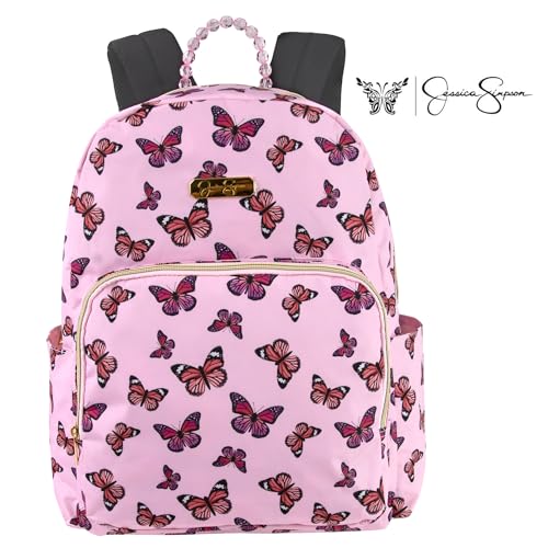 Jessica Simpson Women’s Designer Laptop Backpack with Side Pockets, Padded Straps | Classic Modern Backpack for Women (Beaded Pink Butterflies), Large