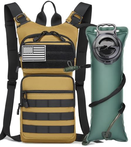 Insulated Water Hydration Pack Bag with 3L TPU Bladder Tactical Molle Hydration Backpack for Hiking Cycling Running - color: Brown Khaki Coyote Tan