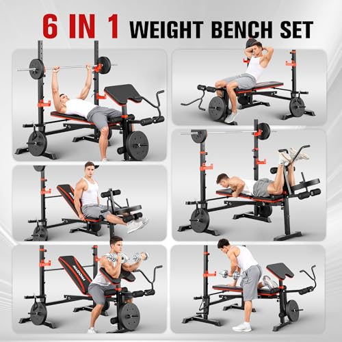 Foldable 1500LBS 6 IN 1 Weight Bench Set with Squat Rack, Leg Extension/Curl & Preacher Curl, Adjustable Bench Press Set with Safety Bar Catches for Home Gym Full Body Workout