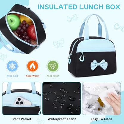 Girls Backpack, School Backpack for Girls, Cute Bow Kids Bookbag for Grils Children Teens for Elementary Middle High School Student, Back To School, Black Blue 3pcs - color: Black Blue-3pcs