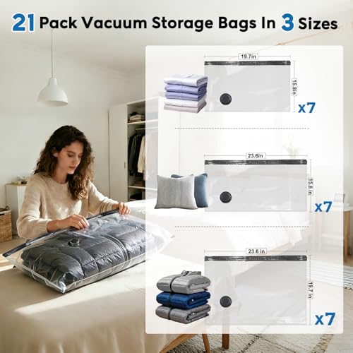 Mapambo Vacuum Seal Bags for Clothing Travel with -60000Pa LED Pump, 21 Pack Travel Cordless Vacuums Bag Set with Pump in 3 Combo Sizes. Vacuums Storage Bags for Clothes (21 Combo) - size: 21 Combo