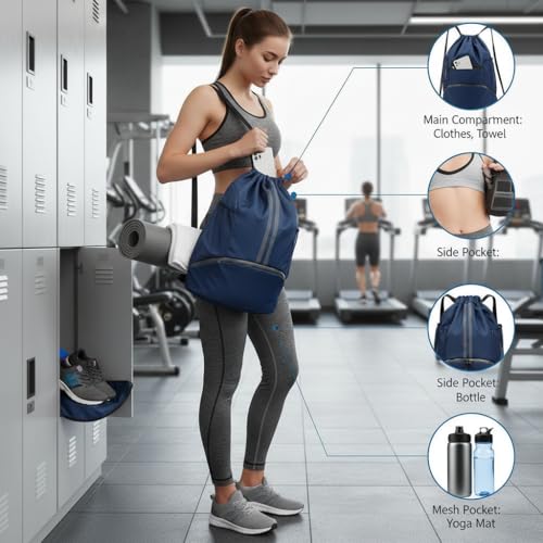 Drawstring Backpack Gym Bag with Shoes Compartment, Water‑Resistant String Backpack, Dry‑Wet Separation Cinch Sack for Soccer Basketball Swim Beach Sports for Women Men-Blue - color: Blue