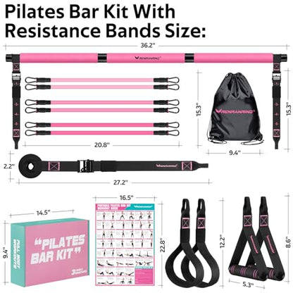 Pilates Bar Kit with Resistance Bands, Multifunctional Pilates Bar for Women & Men with Heavy-Duty Metal Adjustment Buckle, Pilates Home Equipment for Full BodyWorkouts - color: Pink