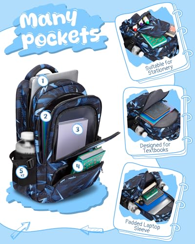 BLUEFAIRY Kids School Backpack for Boys Girls Ages 6-8 8-10 10-12 Elementary Middle School Book Bags with Laptop Compartment Mochilas Escolares para Niños Niñas de 8 10 12 Años (Blue, Geometric) - color: Blue
