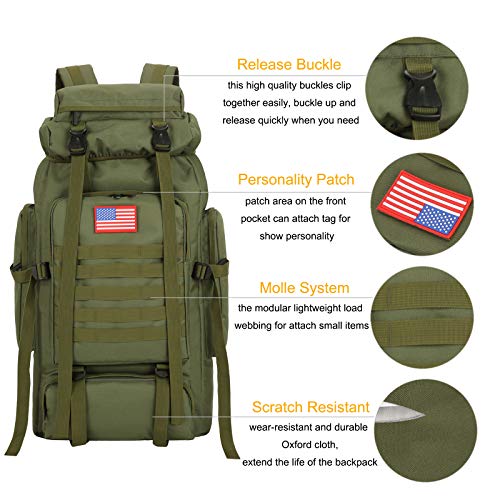 70l Hiking Backpack for Men Waterproof Military Camping Rucksack Travel Daypack - color: Armygreen