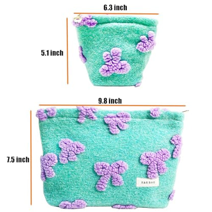 getgto 2 Pcs Makeup Bags, Large Cosmetic Bag Travel Toiletry Bag Organizer for Women, Plush Makeup Bag Small Cosmetic Pouch Purse with Zipper Gifts for Girls Teen - color: Girly green