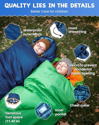 KingCamp 45°F Kids Sleeping Bag, Lightweight Waterproof & Compact Flannel Sleeping Bags Cold Weather & Warm Youth Essentials Gear Accessories for Camping, Fits 10-12 Children up to 4'7"-5'5" Tall - color: Mummy 8.6°F ~42.8°F Navy