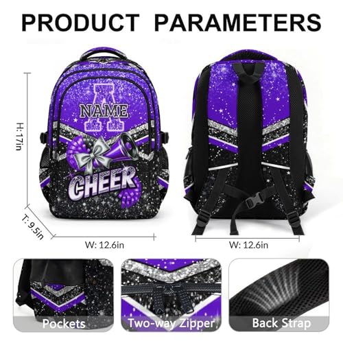 Personalized Girls Schoolbag Custom Cheerleader Backpack, 17 Inch Kids Back to School Cheer Daypack for Elementary Middle School Travel - color: Purple