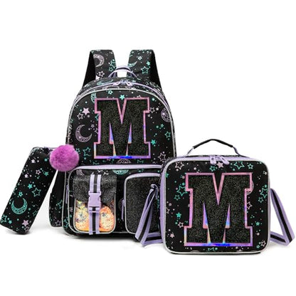 HTgroce Backpacks for Girls School Bag Kids Black Bookbag for Elementary Students Kids Backpack with Lunch Box and Pencil Case - color: Black, style: M
