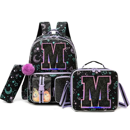HTgroce Backpacks for Girls School Bag Kids Black Bookbag for Elementary Students Kids Backpack with Lunch Box and Pencil Case - color: Black, style: M