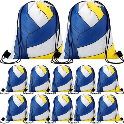 Dansydaisy 12 Pcs 12 In Volleyball Drawstring Backpack Bag Goodie Snack Gift Bags Sports Party Favors String Backpack Bulk(Blue, Yellow, White) - color: Blue, Yellow, White