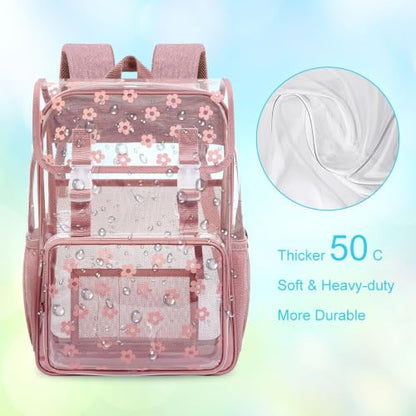 3Pcs Clear Backpack for School, Girls Kids Transparent Bookbag Set, 17" Stadium Approved See Through Backpack with Lunch Box (Pink) - color: Plum Blossom Pink