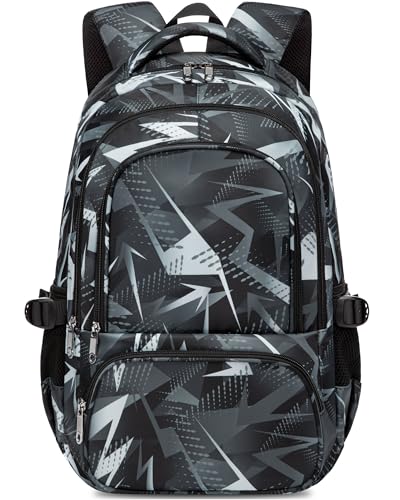 BLUEFAIRY Kids School Backpack for Boys Girls Ages 6-8 8-10 10-12 Elementary Middle School Book Bags with Laptop Compartment Mochilas Escolares para Niños Niñas de 8 10 12 Años (Black, Geometric) - color: Black