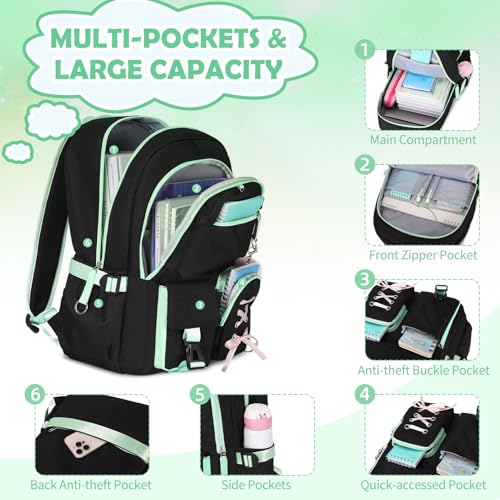 Backpacks for Girls, Girls Backpack with Lunch Box and Pencil Case for Teen Kid Elementary Middle High School College Student, Children Backpack Bookbag with USB Charging Port (Black Green with Chain) - color: Black & Green With Chain