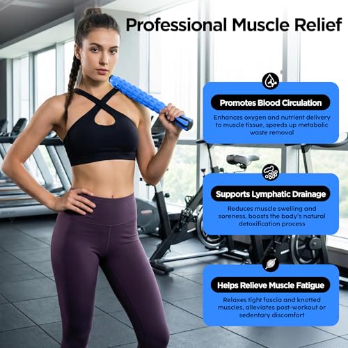 Muscle Roller & Massage Roller Stick for Athletes - Lymphatic Drainage Support, Relieves Muscle Soreness, Cramping & Tightness - Targets Legs, Arms, Back & Calves （Blue - 18inch） - color: Blue
