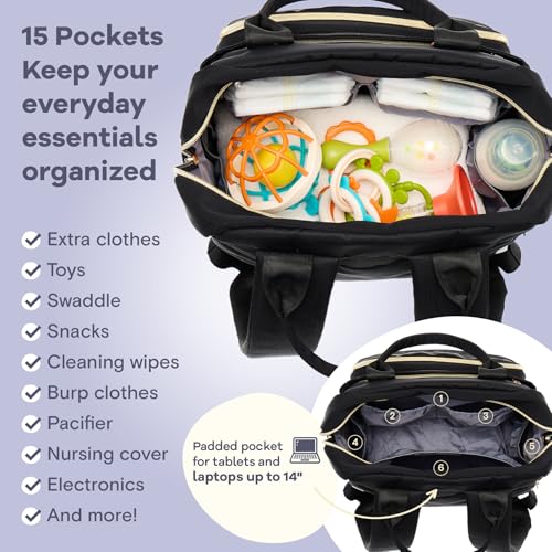 RUVALINO Diaper Bag Backpack, Multifunction Travel Pack Maternity Baby Changing Bags, Large Capacity, Waterproof, Deep Black, Polyester - color: Deep Black