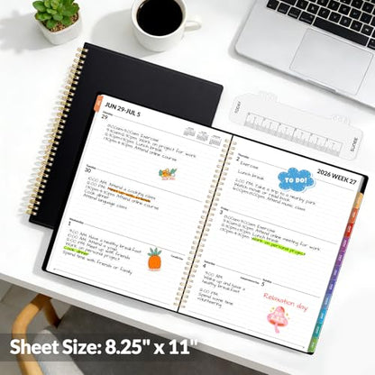 SUNEE Academic Planner 2026-2027 – Weekly & Monthly Planner, July 2026 to June 2027, 8.5"x11", Thick Paper, Tabs, Pockets, Bookmark, Spiral-Bound, Student Teacher Organizer, Black - color: Black