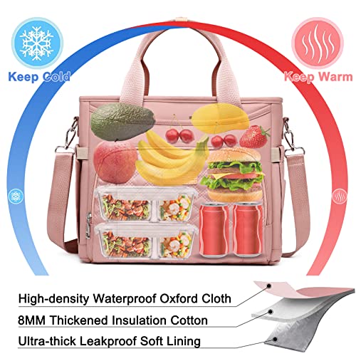 AIJIEKE Large Insulated Lunch Bag for Women, Leakproof Work Lunch Box Tote | Keeps food fresh 8-12 hours. Spacious multi-pocket design with a removable strap. Water-resistant and easy-wipe interior - color: Pink