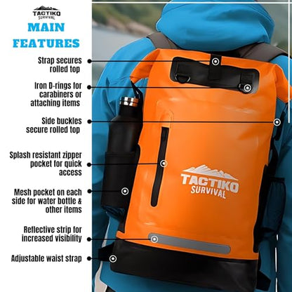 TACTIKO 35L Heavy-Duty 100% Waterproof Backpack, Roll Top Dry Bags for Kayaking, Hiking, Camping, Survival - color: Orange