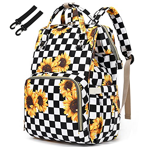 Sunflower Checkered Diaper Bag Backpack for Baby Girls, Mom Waterproof Large Nappy Bags for Women - color: Checkered Sunflower