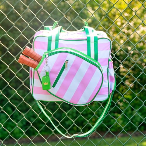 Cute Prepster Pickleball Bag for Women with Fence Hook, Tote with Pockets for Water Bottle, Paddles, Balls, Accessories - color: Pink Stripe Pasadena