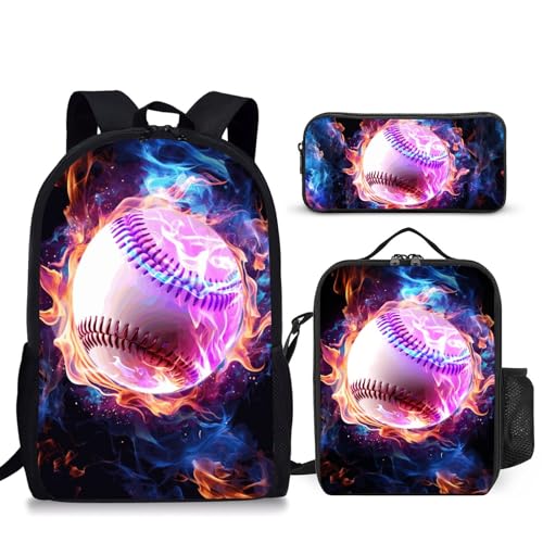Baseball Backpack Set for School,17 Inch Casual School Bags with Lunch Box, Kids Daypack Bags and Pencil Case Set for Teens Boys Men Students - color: Baseball