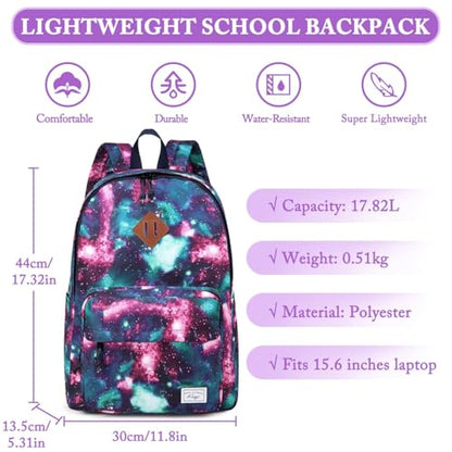 Kasqo School Backpack, 15.6 Inch Classic Lightweight Water-Resistant 17.8L Bookbag Daypack for Men Women Schoolbag for Teens Girls Boys Kids College,Travel,Work,Galaxy - color: Purple Galaxy