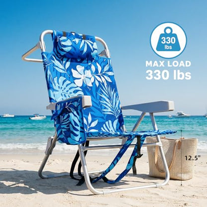 Palm Leaves Beach Chair Heavy Duty 330 lbs, 5-Position Lay Flat Folding Backpack Beach Chair with Cooler for Adults, Reclining Sand Chair for Beach Poolside Vacation(Blueleaves,1PK)