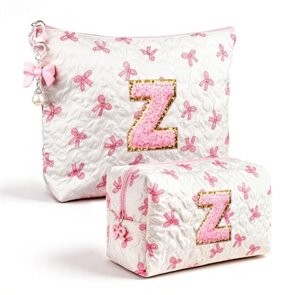 Initial Makeup Bag, Valentines Day Gifts for Women Teens Girls Birthday Gift Personalized Bow Cosmetic Bag, Quilted Cosmetic Travel Toiletry Pouch, Cute Makeup Organizer Teen Girl Gifts Trendy Stuff Z - color: Z