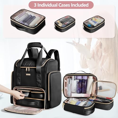 Large Makeup Backpack with 3 Clear Makeup Bags, Double Layers Professional Makeup Travel Case with Brushes Storage Section for Makeup Artists - color: Black