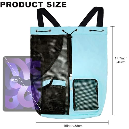 Mesh Beach Backpack with Wet Pocket Drawstring Pool Bag Waterproof Swimming Bag Gym Backpack for Men & Women - color: Mint Blue