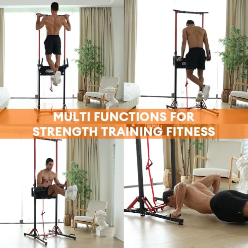 ONETWOFIT Foldable Power Tower Pull Up Bar Dip Station, Multi-Function Adjustable Height, Strength Training, 400LBS/600LBS Capacity