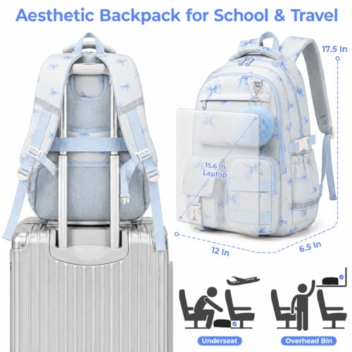 WOBAGMEN Cute Bow Backpack for Teen Girls, Large Capacity Multi-Pocket School Bag Fits 15.6" Laptop, Lightweight Durable Daypack for School and Travel (Blue Bow, M) - color: Blue Bow